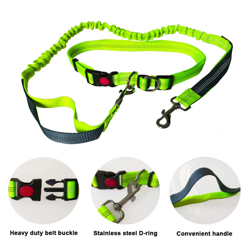 QitinDasen Green Hands-Free Dog Lead, Adjustable Waist Belt and Dual Handles Stretchy Bungee Lead, Jogging Dog Lead with Reflective Stitching (Grey Handle) - PawsPlanet Australia