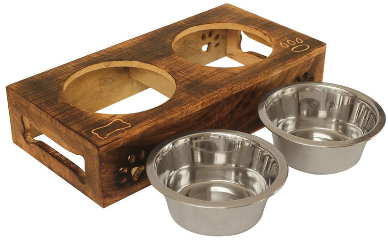 [Australia] - Dog Cat Pet Feeder Station | Wood | Wooden Raised Elevated Feeder | Removable Double Stainless Steel Bowl | Food & Water Dispenser | Puppy Pet Accessories | Non Spill | Indoor Outdoor | Feeding Bowl 