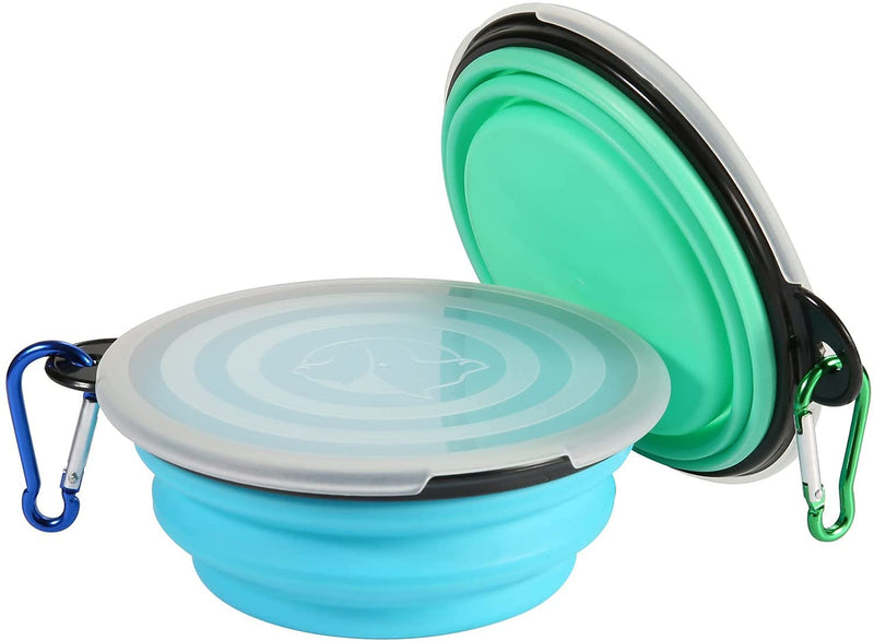 SLSON Collapsible Dog Bowls 2 Pack Dog Travel Bowl with Lid and Carabiners Pet Feeding Water Bowl Porable Dog Feeder for Waling, Travellling and Daily Use, Light Blue and Light Green - PawsPlanet Australia