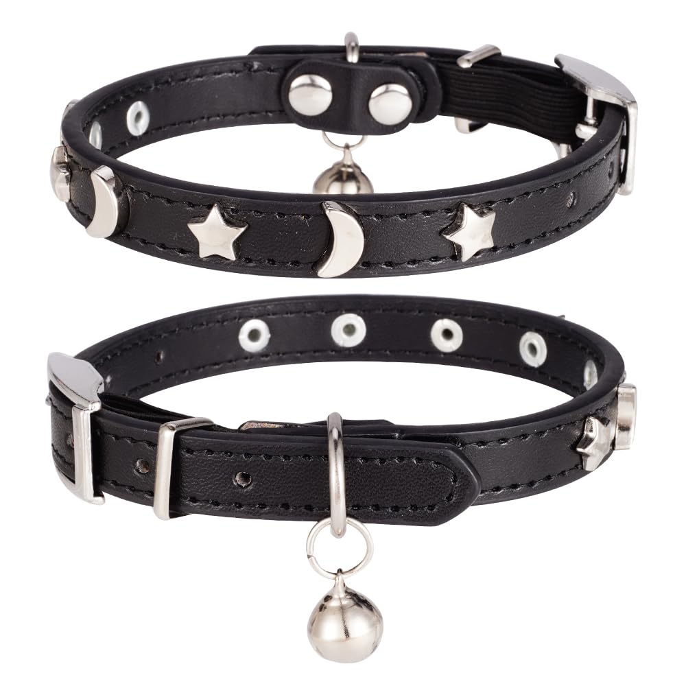 DAIHAQIKO Leather Cat Collar Elastic with Bell Cat Collar with Diamond Star Moon for Most Domestic Cats Puppies Small Dogs Black - PawsPlanet Australia