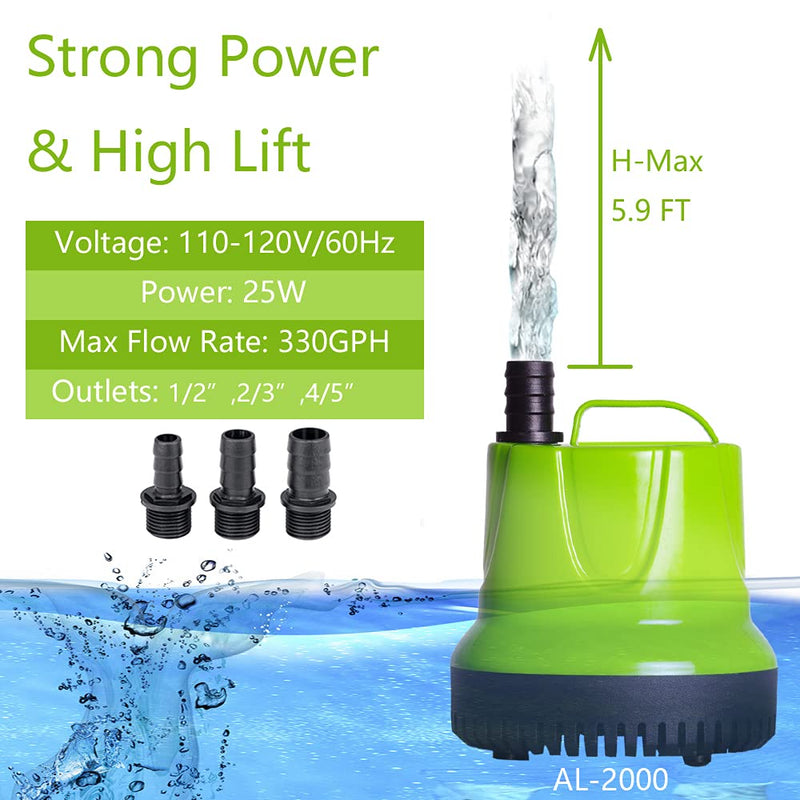 ALLYLANG 330GPH 25W Aquarium Submersible Water Pump, Apply to Fish Tank / Pond Fountain / Statuary / Hydroponics with 3 Nozzles 5.9ft Power Cord (330GPH) - PawsPlanet Australia