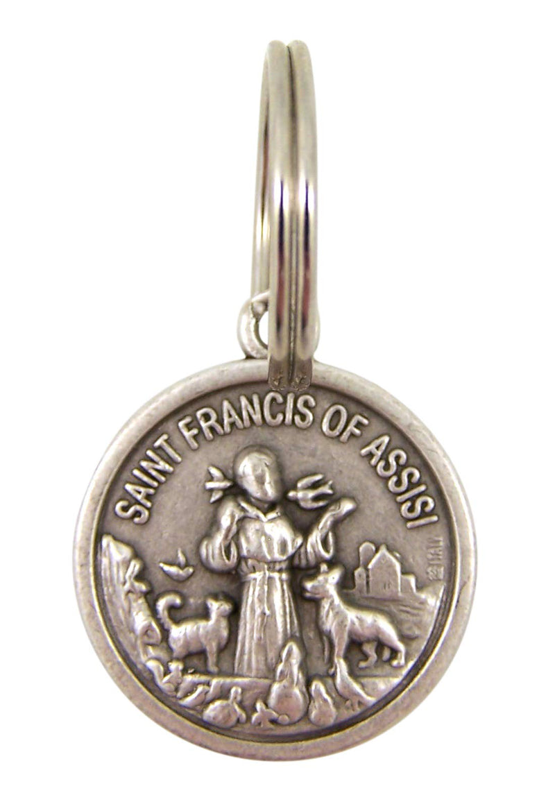 Silver Tone Base Metal Catholic Saint Francis of Assisi Patron Saint of Animals Protect My Pet Medal Pendant Charm on Split Ring for Dog or Cat Collars, 1 3/4 Inch (Long) - PawsPlanet Australia
