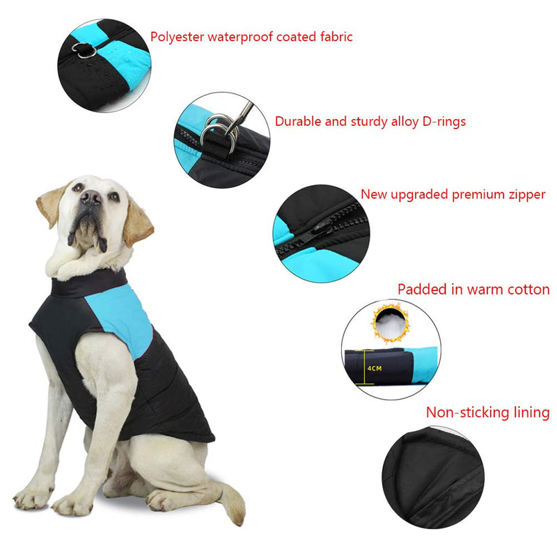 FEimaX Dog Coat Waterproof Winter Warm Jacket Puppy Vest Outdoor Pet Windproof Apparel Dog Clothes for Cold Weather, Soft Padded Harness with D-ring for Small Medium Large Dogs S Blue - PawsPlanet Australia