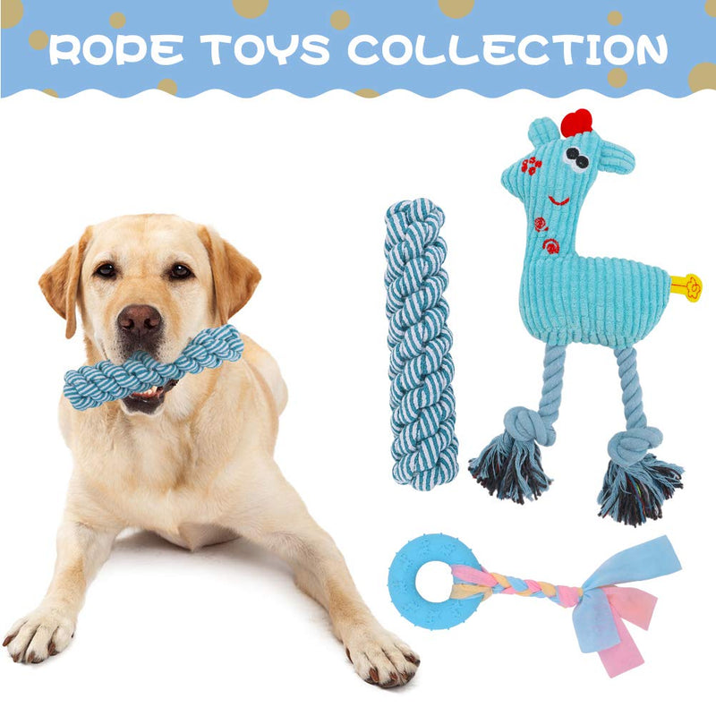 [Australia] - EXPAWLORER Dog Chew Toys Set - 5 Pack Puppy Plush Interactive Squeaky Teething Toys with Cotton Rope Blue 