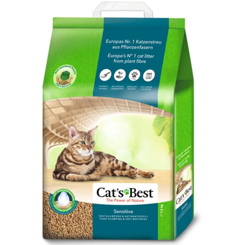 Cat's Best Sensitive, 100% plant-based cat litter, firmly clumping and antibacterial made from refined active wood fibers - especially for sensitive cats, 7.2 kg/20 l 20l - PawsPlanet Australia