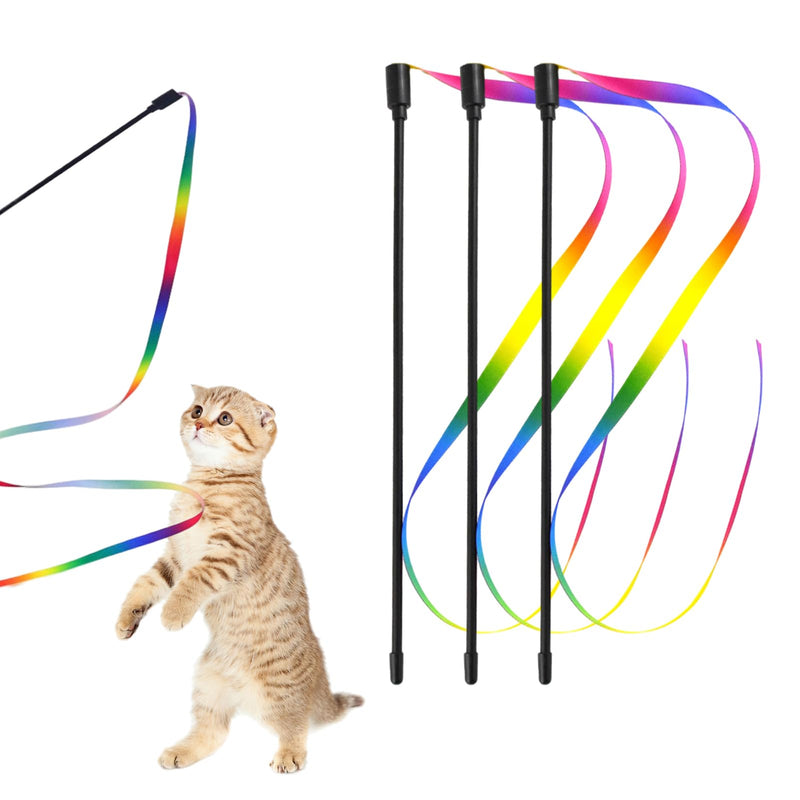 NHBETYS Cat Toy Set, Indoor Cat Toy with 11.81 Inch Interactive Stick and 23.62 Inch Rainbow Ribbon, Pet Rainbow Cloth String - PawsPlanet Australia