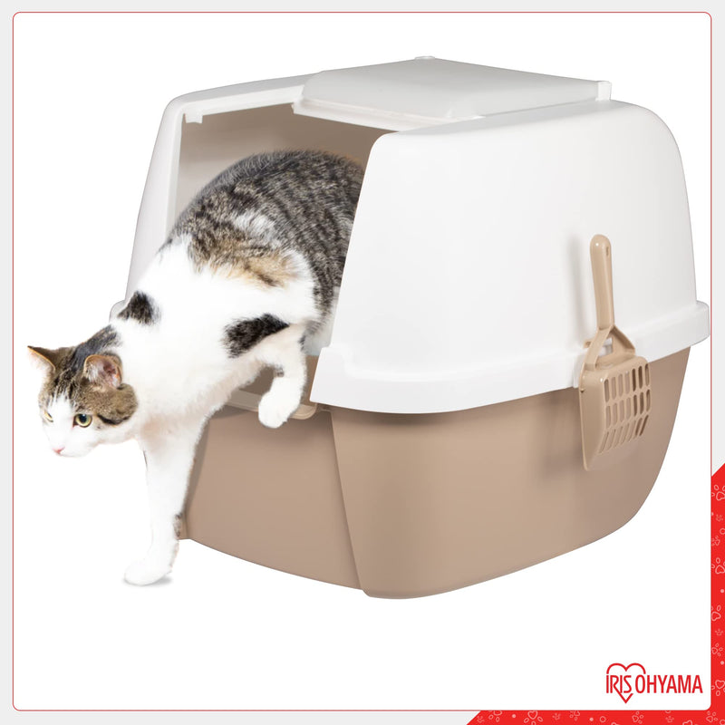 Iris Ohyama, Plastic Litter Box with Scoop, Lid and Folding Door, W53 x D46.5 x H44 cm, Unit, Removable Rim, BPA Free, CLH-17J, For Large Cats, White/Beige - PawsPlanet Australia