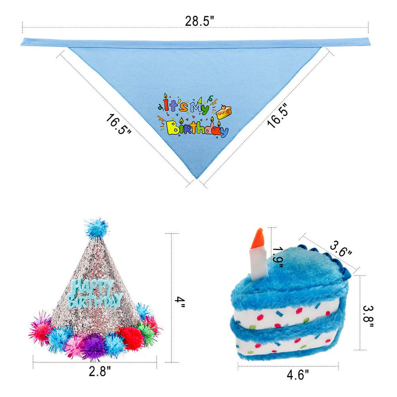 HOMIMP Dog Birthday Bandana Set with Hat & Squeaky Cake Toy - Dog Birthday Party Supplies Outfit and Gift, Great for Small Medium Large Dogs Light Blue - PawsPlanet Australia