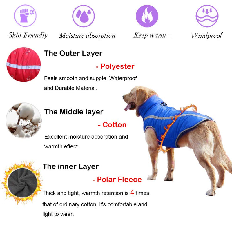 FEimaX Dog Coat Waterproof Windproof Pet Warm Jacket Outdoor, Puppy Reflective Adjustable Outfit Vest Cold Winter Clothes for Small Medium Large Dogs - Soft Fleece Cotton Lined, with Harness Hole 4XL Blue - PawsPlanet Australia