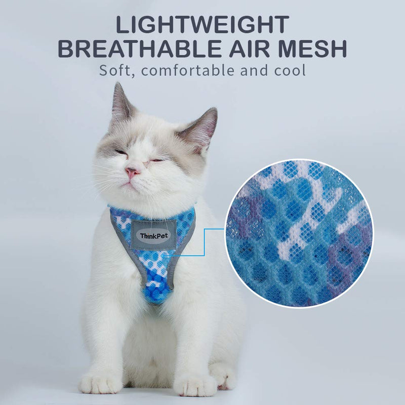 ThinkPet Reflective Breathable Soft Air Mesh No Pull Puppy Choke Free Over Head Vest Ventilation Harness for Puppy Small Medium Dogs and Cats XXS-Fit Cats (Neck 4.7-7.8 in/Chest 7.8-11.4 in) Camouflage Blue - PawsPlanet Australia