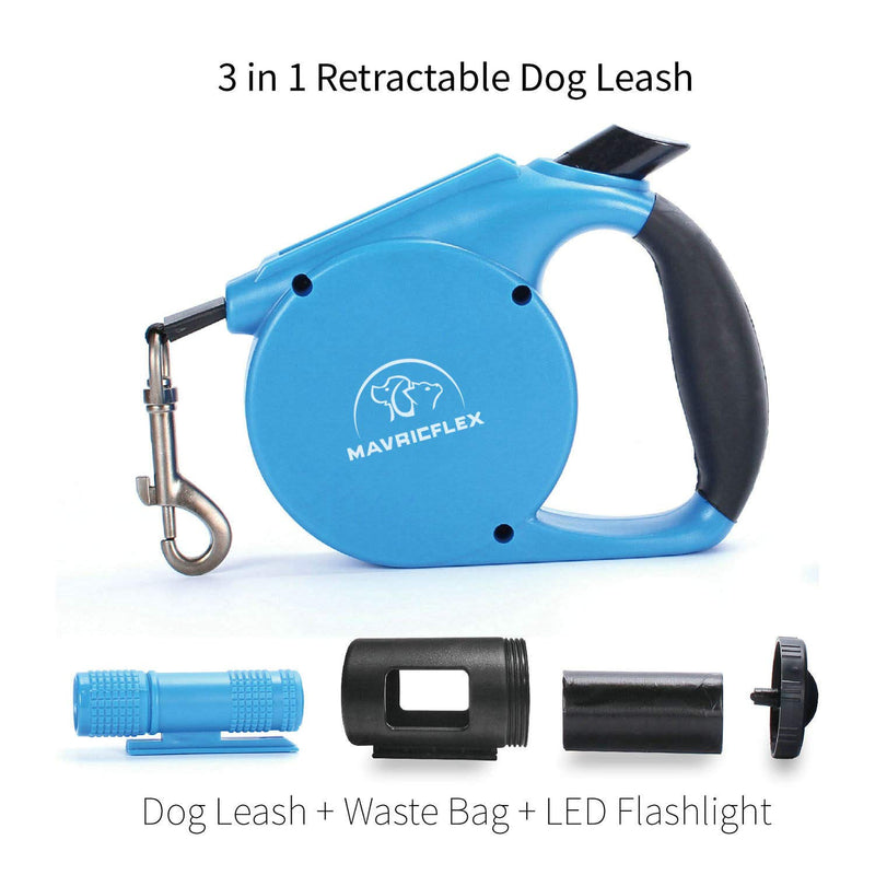 [Australia] - MAVRICFLEX Retractable Dog Leash, 13ft Reflective Dog Leash for Dogs Up to 66lbs, Dog Leash with Bag Dispenser, Flashlight, 5 Colors, Retractable Dog Leash with Light Blue 