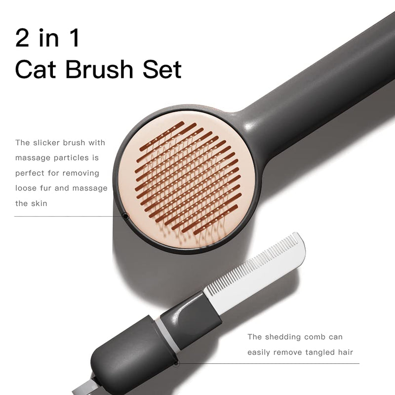 Marchul Cat Brush and Shedding Comb Set, Portable Slicker Brush for Cats with Short or Long Hair, Pet Massage-Self Cleaning Brush with One Button Remove L-black - PawsPlanet Australia