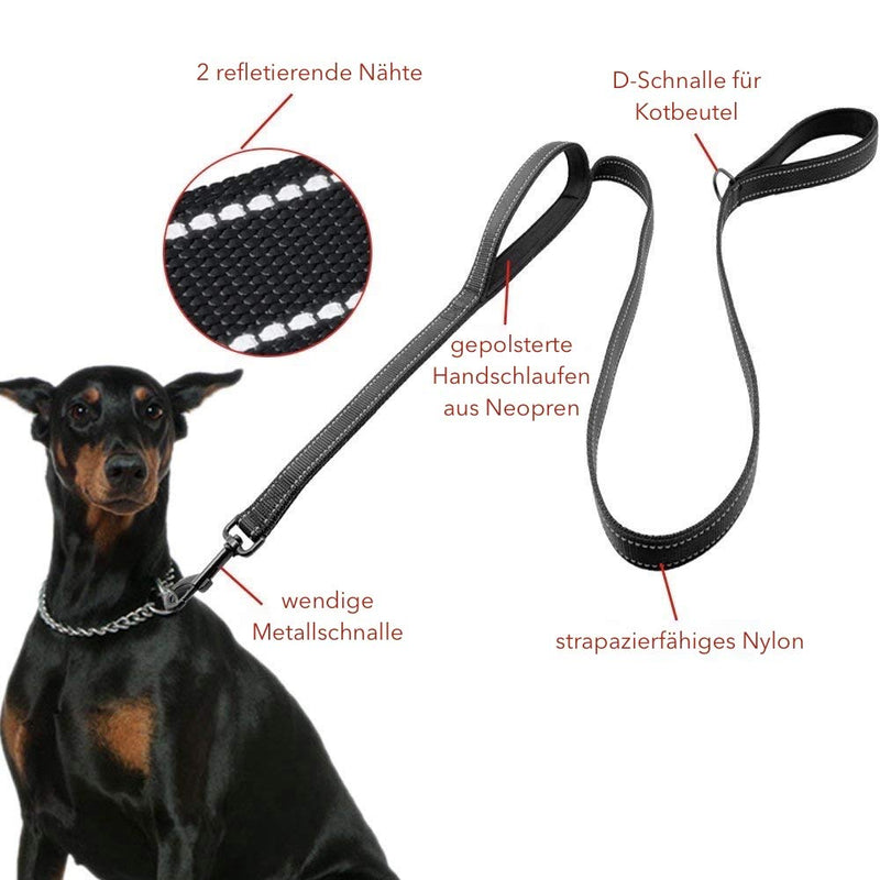 AVANA dog leash with integrated short handle, reflective leash, 2 hand-friendly padded hand loops, 1.5 meter leash for large and medium-sized dogs - black - PawsPlanet Australia