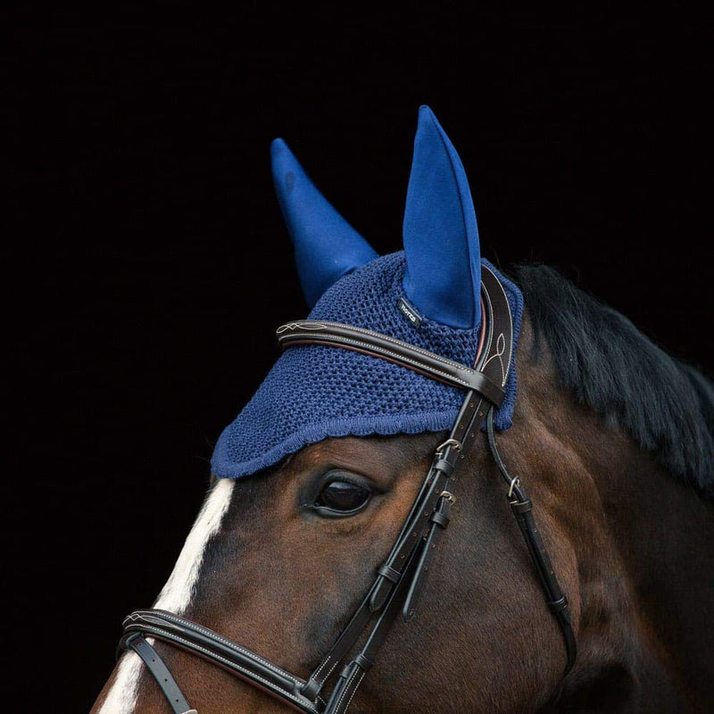 HORZE Supreme Silent Ear Net, Crochet Bonnet with Neoprene Ear Covers, Sound Dampening, Fly Protection for Sensitive Horses Pony Peacoat Dark Blue - PawsPlanet Australia