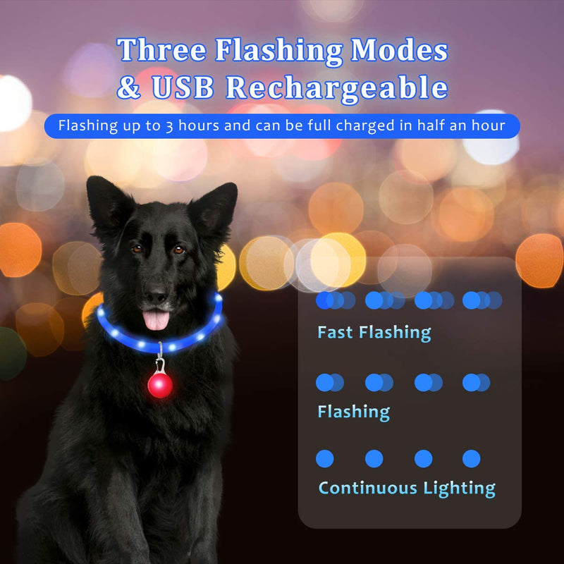 LED Dog Collar Light USB Rechargeable, Silicone Flashing Dog Collar Lights With Clip On Pendant For The Dark, Adjustable Cut To Size, For Small Medium Large Dogs, Blue - PawsPlanet Australia