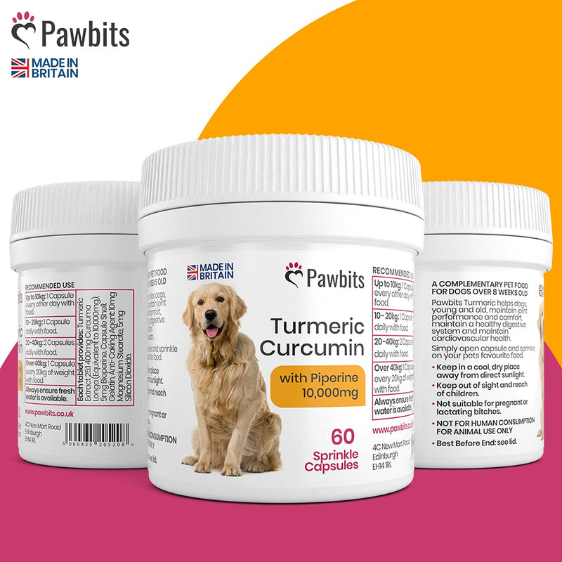 Turmeric for Dogs 500mg extract 10,000mg equivalent for Dogs 60 Sprinkle Capsules Turmeric with Piperine | Helps Support Joints and Hips | Pawbits Turmeric Aids Pain Relief For Dogs | UK Manufactured - PawsPlanet Australia