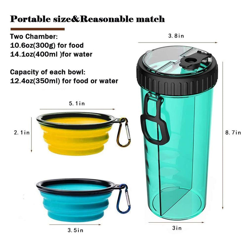 VANDA Pet Travel Water Bottle- Portable Drinking Bottle Feeder Dispenser and Food Container for Travel 2-in-1 Dual Chamber Bottle, with 2 Collapsible Bowls Dogs Cats Feeder Outdoor Travel Take a Walk Blue - PawsPlanet Australia