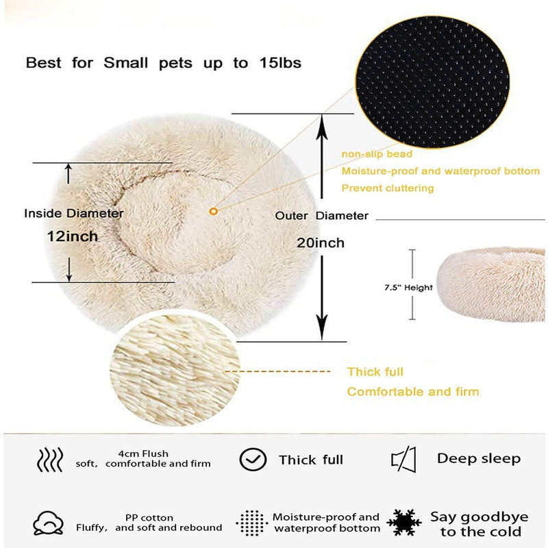 Gavenia Cat Beds for Indoor Cats Washable Donut Cat and Dog Bed,Soft Plush Pet Cushion,Waterproof Bottom Fluffy Dog and Cat Calming and Self Warming Bed for Sleep Improvement S(20''D×8''H) Beige - PawsPlanet Australia