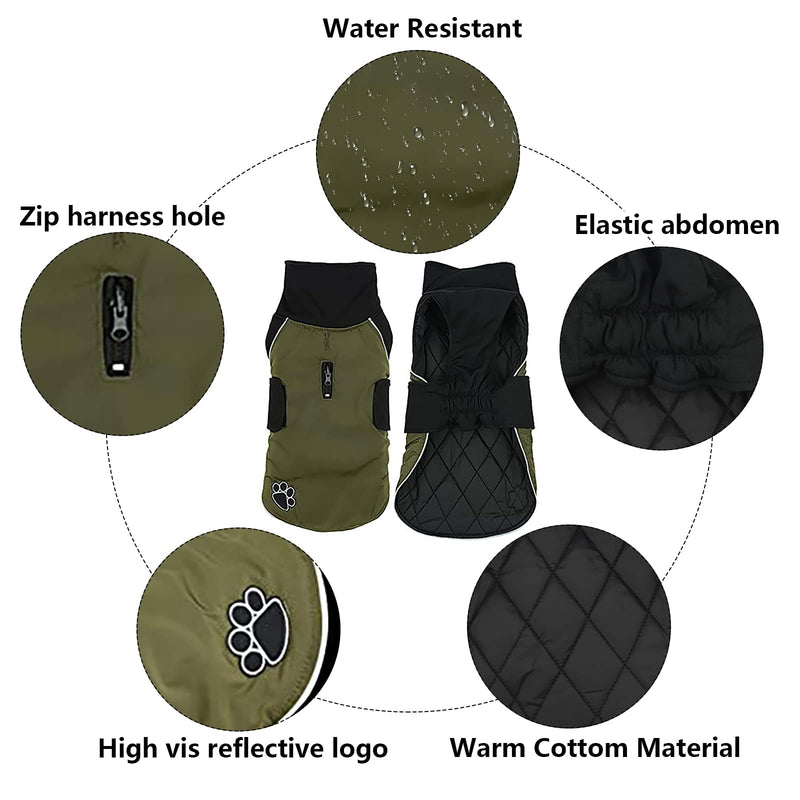 Ctomche Waterproof Dog coat,Windproof Winter Clothes,Reversible Outdoor Sport Dog Jacket Winter Warm for Small Medium Dogs with Harness Hole Green-XS X-Small (Length: 28CM) - PawsPlanet Australia