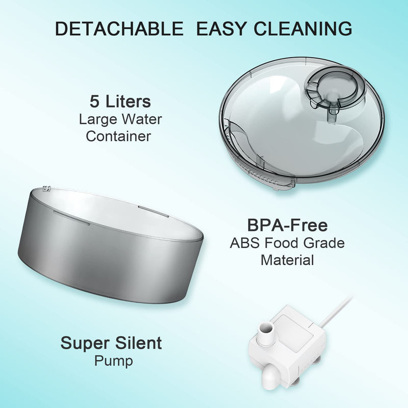 NPET 5L Pet Fountain for Dog Cat Households, Automatic Drinking Fountain for Adult Cats and dogs, Water Fountain large with 2 Filters, Quiet Pump, Cleaning Kit, Bowl, Grey - PawsPlanet Australia