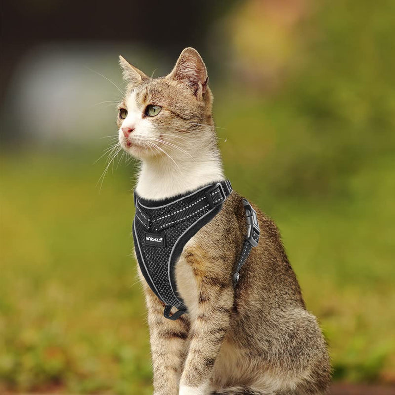 SCIROKKO Black Cat Harness and Leash Set - Soft Breathable Mesh Pet Vest Harness, Adjustable Escape Proof Kitty Strap with Reflective Tape for Walking Outdoors Safety at Night Small - PawsPlanet Australia