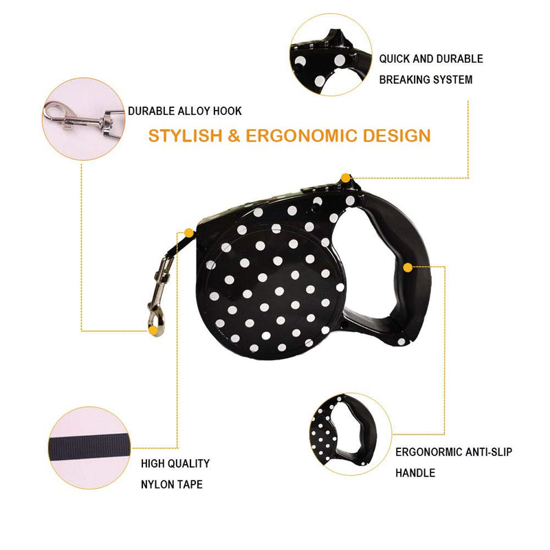 [Australia] - Petderland Fashionable Stylish Cute Retractable Pet Walking Leash 16ft Colorful Automatic Extendable Traction Leash for Dogs/Cats/Rabbits/Pets with Tension up to 30LBs Black White Dot 