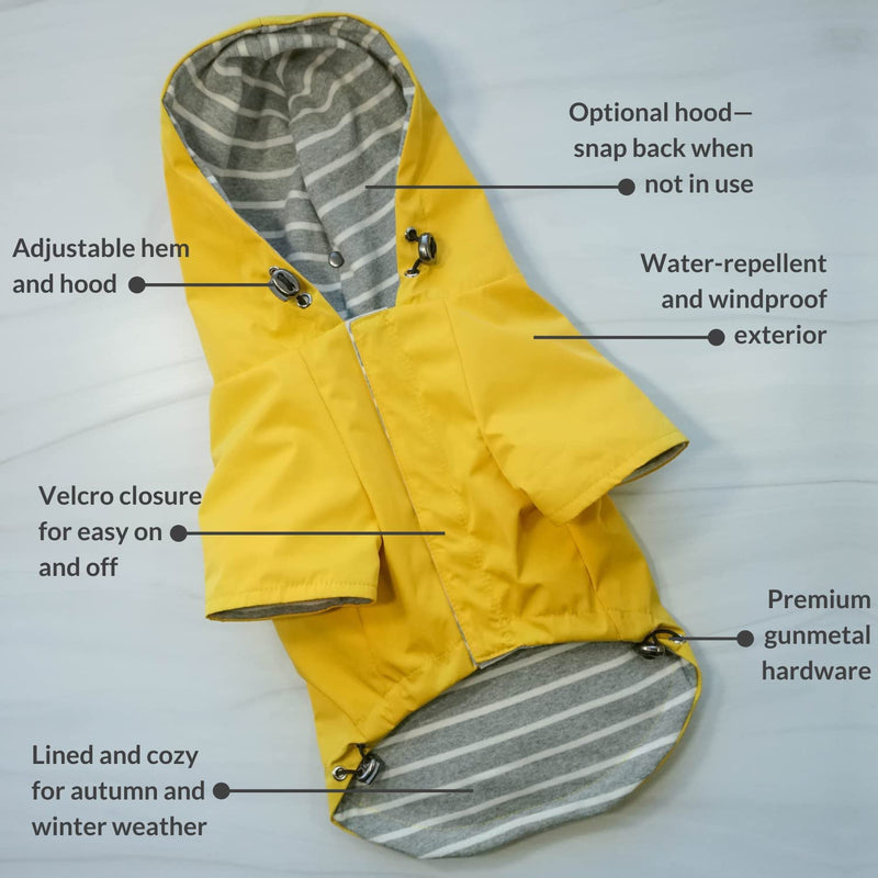 DJANGO Highland Dog Jacket and Raincoat - Water-Repellent, Windproof, and Harness-Friendly Winter Dog Coat and Stylish Dog Raincoat with Adjustable Drawstrings, Optional Hood, Premium Gunmetal Hardware, and Back Pocket X-Small Dandelion Yellow - PawsPlanet Australia