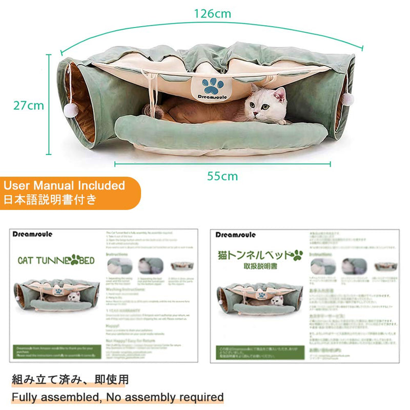 DREAMSOULE 2-in-1 Cat Bed Play Tunnel and Mat for Pets Cats Dogs Rabbits and Pets Kittens for Home Foldable Soft Cat Tunnel Tubes Toys Pet Play Bed Indoor green - PawsPlanet Australia