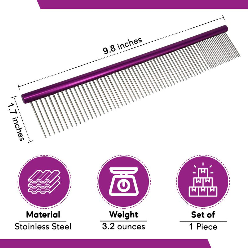 MASTERPETZ Pet Comb, 10 inches Comfortable Grooming Comb with Different-Spaced Rounded Stainless Steel Teeth, Easy Grip and Convenient Grooming for Pets Dog Cat with Medium Coarse Fur Purple - PawsPlanet Australia