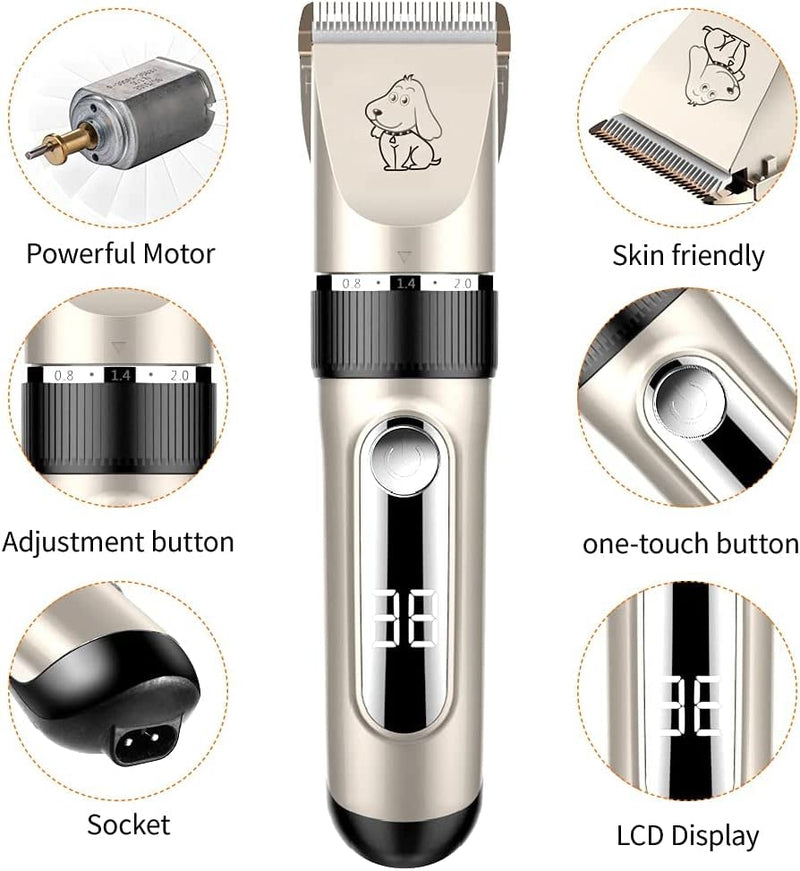 NWOUIIAY IPX7 Clipper Dog Quiet Pet Hair Trimmer Washable Professional Wireless Rechargeable Pet Hair Trimmer Removable with LCD Display for Dog Cat Pet - PawsPlanet Australia