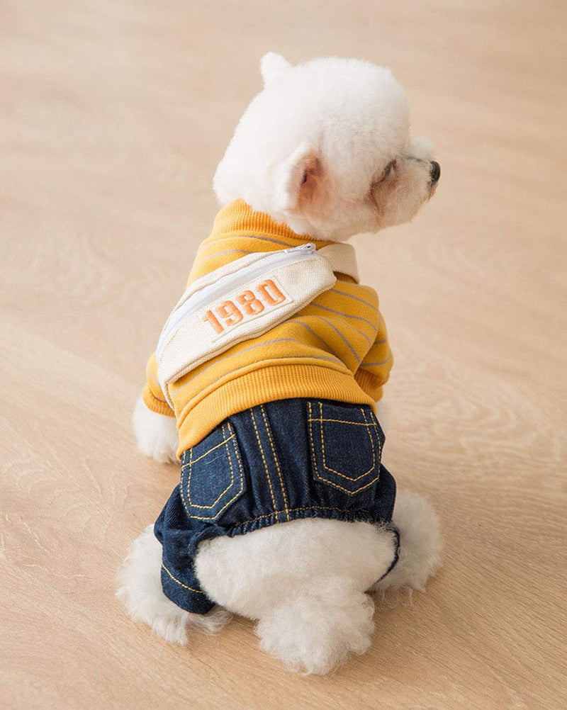 [Australia] - MilTrees Dog Denim Clothes Pet Adorable Sweatshirt & Jeans Onesies Outfits for Medium Small Dogs Puppy Jumpsuit Cat Pants XS(Chest:12.01" Length:7.87") Yellow & Sling Bag Attached 