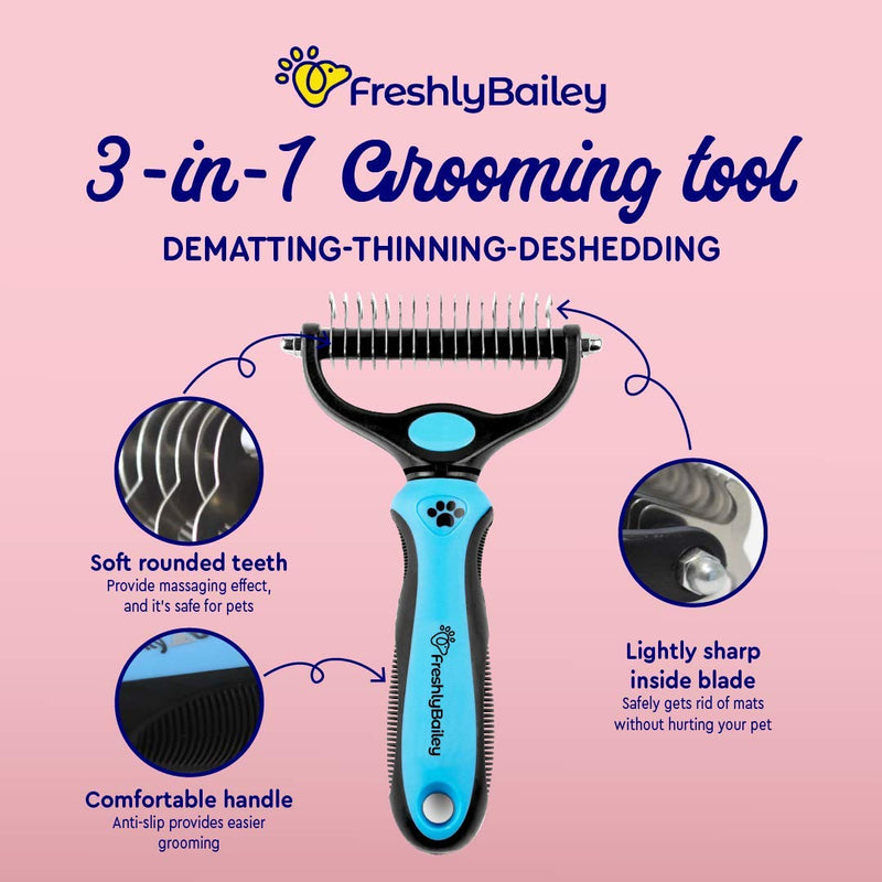 Freshly Bailey Dog and Cat Dematting and Deshedding Tools - “Miracle” Undercoat Rake - Comb - Safe Dog Detangler and Cat Brush for Matted Hair/Fur - Easiest Pet Grooming Brush to Maintain Pet's Coat - PawsPlanet Australia