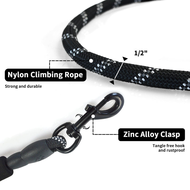 NESTROAD Rope Dog Leash Heavy Duty,Add a Movable Sponge for Easy Control,Reflective Threads Dog Leashes with Comfortable Handle for Medium Large Dogs Walking with Poop Bags and Dispenser(5FT,Black) 1 Pack Climbing Rope Black - PawsPlanet Australia