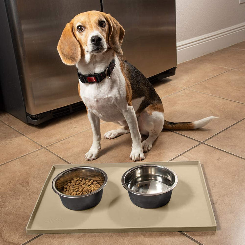 Leashboss Splash Mat Dog Food Mat with Tall Lip, M/L (20"x13"), XL (25”x17”) or XXL (30"x22") Dog Bowl Mat for Food and Water, Non Slip Waterproof Silicone Pet Food Mat for Dogs and Cats M/L - 20 x 13 Inches Beige - PawsPlanet Australia