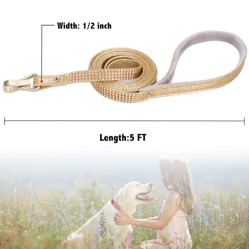 [Australia] - PetsHome Dog Leash, Pet Leash, [Bling Rhinestones] Premium PU Leather Durable and Soft 5 and 6 FT Leash for Control Safety Training, Walking Lead for Small to Large Dogs A-Gold 