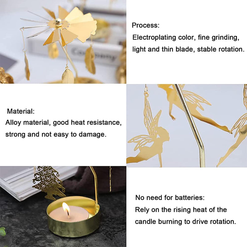 Mecela Spinning Candle Holder, Golden Rotating Candlestick Set for Romantic Wedding, Christmas Party, Home Table Decorations, Holiday Favor Gift (Feather) Feather - PawsPlanet Australia