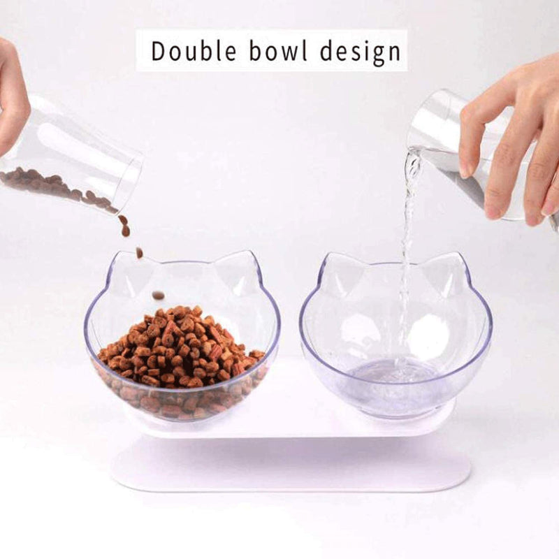 Double Cat Bowl with Raised Stand, Cat Bowl Pet Food Feeder,15° Tilted Anti-Slip Transparent Cat Food and Water Bowl, Protect Pets Cervical Vertebra, Detachable Pet Bowl for Cats and Dogs - PawsPlanet Australia