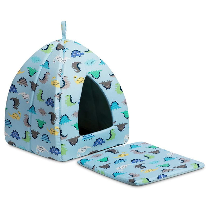 Hollypet Self-Warming 2 in 1 Foldable Comfortable Triangle Cat Bed Tent House Blue Dinosaur - PawsPlanet Australia