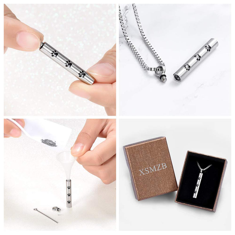 [Australia] - XSMZB Cylinder Tube Urn Necklace for Ashes Pet Paw Pendant Locket Stainless Steel Keepsake Memorial Cremation Jewelry for Men Women Silver-1 