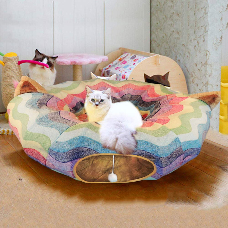 HOMEYA Cat Dog Tunnel Bed with Mat, Collapsible 3 Way Cat Tube Condo Play Toy with Peek Hole Fun Ball Indoor Outdoor Interactive Hideout Exercising House Toys for Pet Kittens Kitty Multi-colored - PawsPlanet Australia