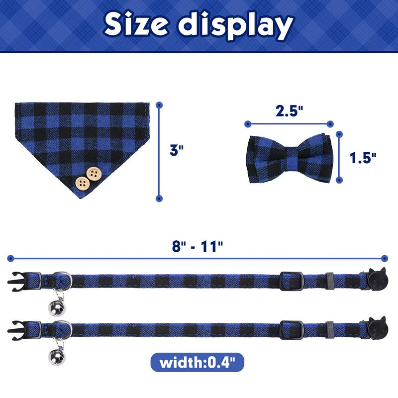 Bow Tie Cat Collar Bandana - 2 Packs Classic Plaid Checked Ginham Cat Collars with Scarf and Bow Tie - Adjustable Size with Bell - Perfect for Cats Puppy Small Dogs Bule Plaid 2 - PawsPlanet Australia