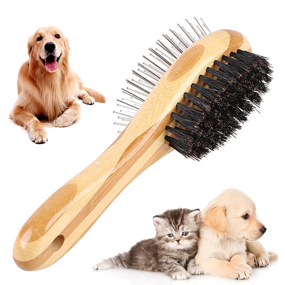 ALHX Cat Brush Dog Brush, 2-in-1 Dog Brush and Bristles, Double Sided Bamboo Pet Brush, Beauty Massage Bath Brush Comb for Dogs Cats - PawsPlanet Australia