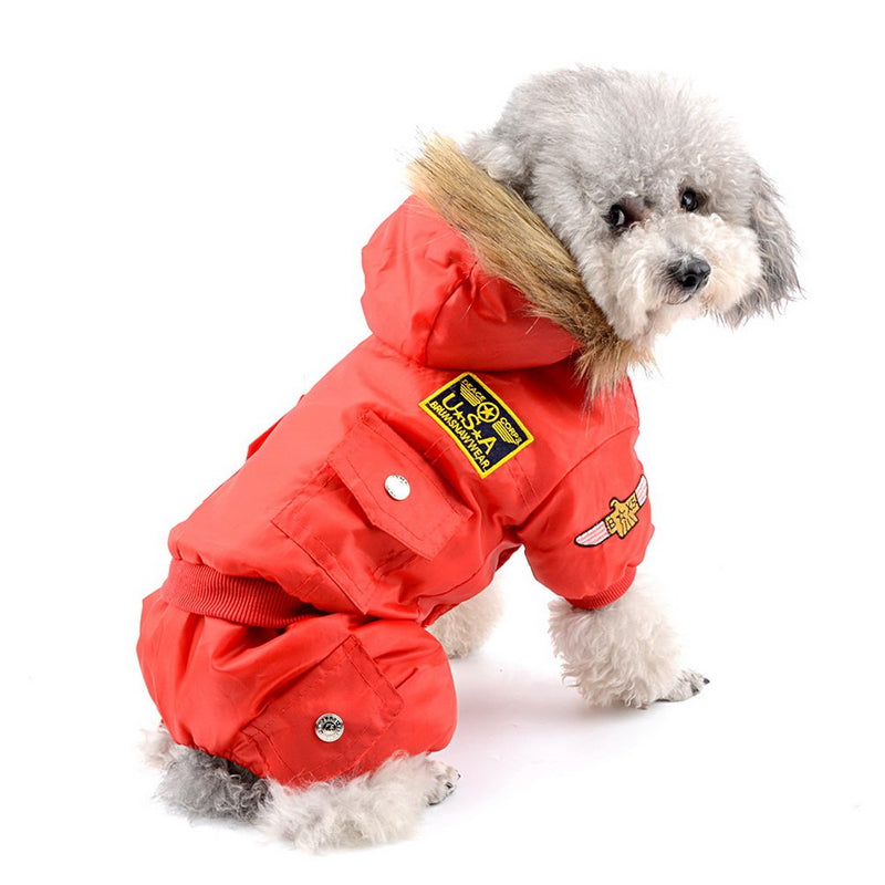 SELMAI Small Dog Apparel Airman Fleece Winter Coat Snowsuit Hooded Jumpsuit Waterproof (This Style Run Small, pls take a Measure of Your furbaby and Choose one Size Larger) M (Chest:16.9";Back:11.4",for 5-8lbs) Red - PawsPlanet Australia