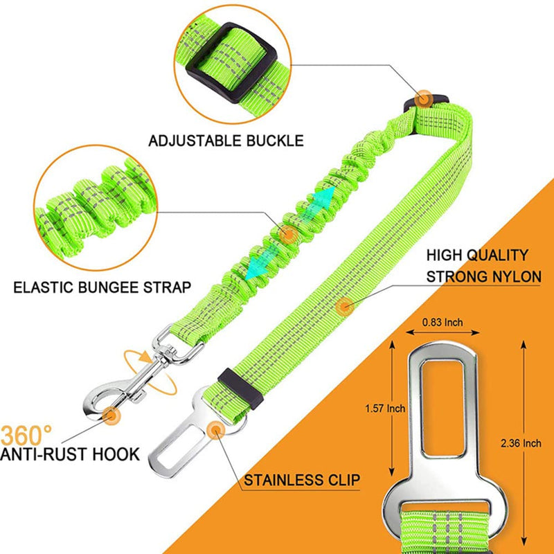 Greyoe Car Seat Belt for Dogs, Dog Seat Belt, 2 Pieces Pet Dog Cat Seat Belt Adjustable Car Harness Shock-Absorbing Elastic Bungee Buffer (Fluorescent Green) - PawsPlanet Australia