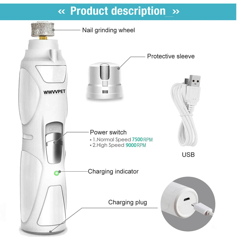 Pet Nail Grinder with 2 Grinding Wheels, Low Noise & More Powerful Dog Nail Clipper, Electric Pet Nail Trimmer File, Painless Paw Claw Care, Quiet USB Rechargeable Grooming Tool for L/M/S Dog/Cat/Bird White - PawsPlanet Australia