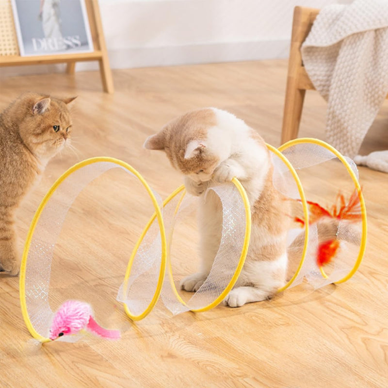 Foldable Cat Tunnel Cat Toy - Folded Cat Tunnel for House Cats with Feather Toys and Toy Mice, Cat Tent Play Tunnel with Interactive Toy for Kittens - PawsPlanet Australia