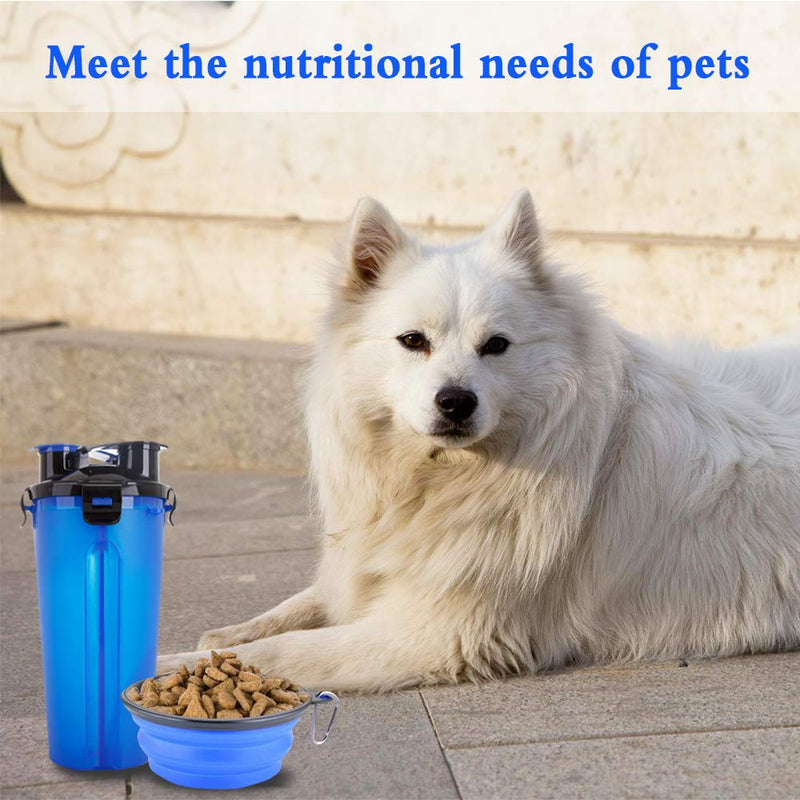 Powerking Dog Water Bottle,350ml 2-in-1PP Pet Cat and Dog Bottle With 250g Pet Food Container for Walking/Hiking/Traveling, Two12 Ounce Collapsible Dog Bowls and Outdoor Hook(Blue) Blue - PawsPlanet Australia