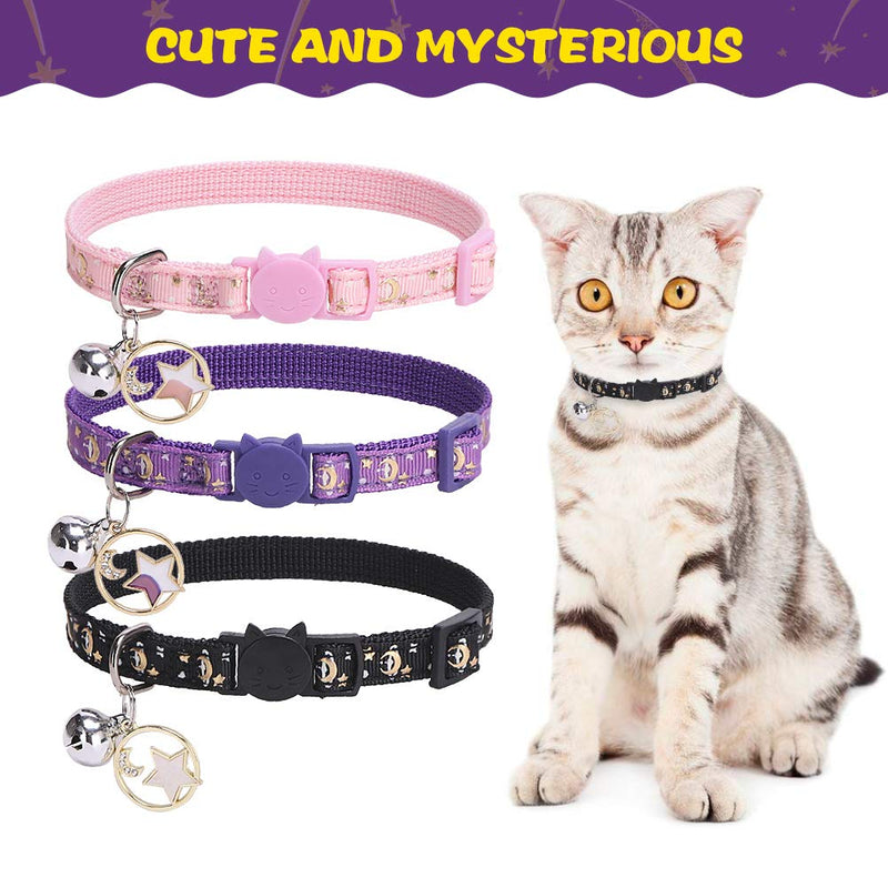 [Australia] - PUPTECK Breakaway Cat Collar with Bell 3 Pack - Charming Luminous Safe Adjustable Moon Pattern Kitten Collars with Star Pendant, Glow in The Dark 