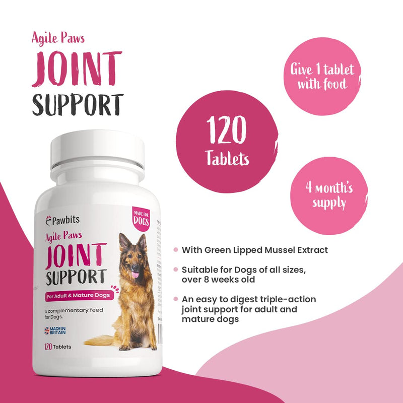 Pawbits 120 Adult Senior Dog Hip & Joint Supplements for Older Mature Dogs. High Strength Green Lipped Mussel Supplement for Elderly Dogs with Stiff Joints - Glucosamine, Chondroitin, Vitamin C & E 120 tablets - PawsPlanet Australia