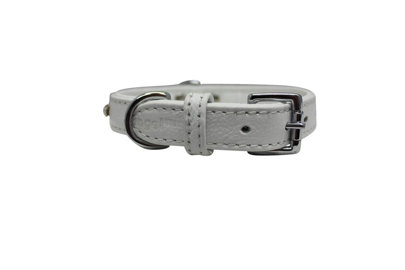 [Australia] - Genuine Leather White Rhinestone Dog Collar, 16" X 3/4" (for Neck Size 11.5"- 13.5"). Athens Bling Collar by Angel Pet Supplies. Durable, Soft & Padded, Stainless Steel 